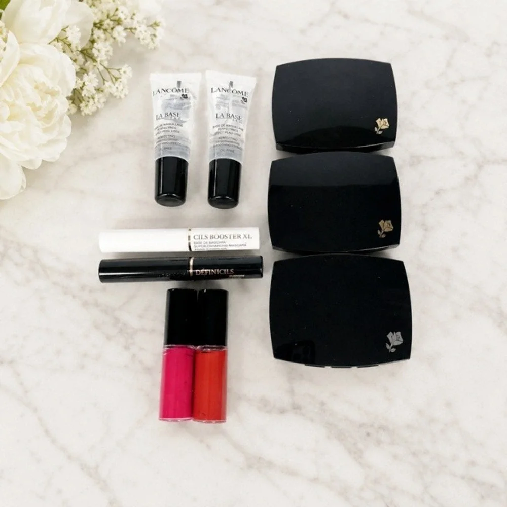 Lancome 9 Pc Makeup Sample Lot Mascara Primer Blush Lip Color Compacts